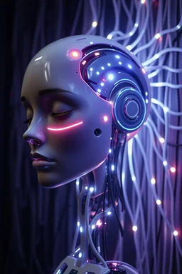 half human female robot head with realistic face and glowing cables and tubes on the backside of the head, in front of a wal full of cables, dark environment, eyes are closed and glowing lines underneth the eyes, LED elements, glowing cables out of her head connected with the wall behind her