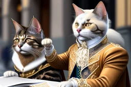 Mature cats dressed like "Wolfgang Amadeus Mozart", paws, playing music, street, Vienna, friendly, sunny day, model style, hyper realistic, extremely accurate, delicate, extremely detailed, Graphic novel style, wide-angle, open aperture, superfine pencil