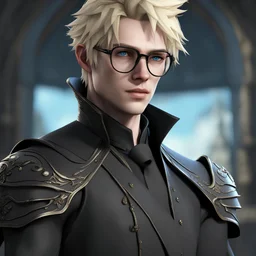 Hyper realistic human male with pale skin and wearing dark black fantasy noble clothes, wearing a hat with glasses. with short blonde hair and blue eyes, looks like a final fantasy 15 character