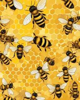 bees flutter over the hive, behind there is a honey yellow background and honeycombs