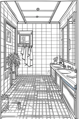 Outline art, simple House interior design, toilet, cartoon style, thick lines, low details, --ar 9:11