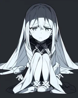 numb, sad, black and white, anime girl sitting with full black background