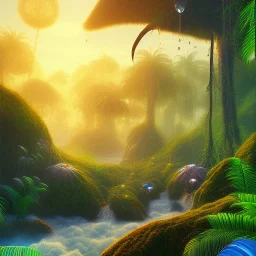 starting of life on earth, beginning, cells, microbes, sunrise, water, tropical jungle, plante, evolution, photorealistic