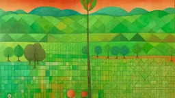 Green oracle farmlands with orchards designed in ancient Greek pottery painted by Paul Klee
