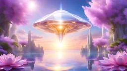 Photorealistic image (Masterpiece ) Crystal Hyperborea white Starship Futuristic floating in the air, Spiritual world of crystals and gold, iridescent color, precious stones crystal gold, beautiful lilac wisteria and pink lotus flowers , landscape of summer ambient beautiful sea, light soft sun, full of details, smooth, bright sunshine, soft light atmosphere, light effect, vaporwave colorful, concepte art, highly detailed, digital painting, smooth, sharp focus, extremely sharp detail