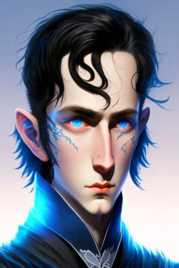 young black haired blue eyed wizard in the style of beresford egan