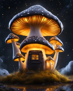 An illogically floating mushroom house on a clear night. white and white and yellow, Stars Dark cosmic interstellar. Detailed Matte Painting, deep color, fantastical, intricate detail, splash screen, hyperdetailed, insane depth, concept art, 8k resolution, trending on Artstation, Unreal Engine 5, color depth, backlit, splash art, dramatic, High Quality Whimsical Fun Imaginative Bubbly, perfect composition