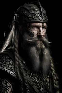 black and grey bearded, armored , middle aged long haired viking warrior with celtic tattoos, wearing barbute helmet