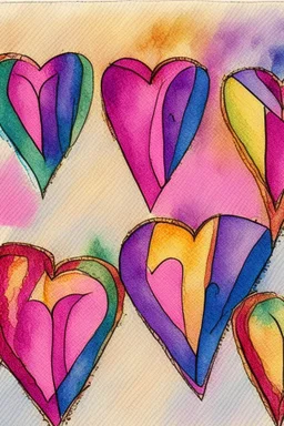 Hearts abstract wet watercolour in the style of Paul klee with thin sketchy pencil lines