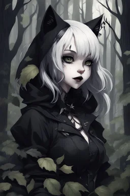 CAT GIRL, goth, SOULLESS, forest, nature, cartoon, leaves, half black half white hair