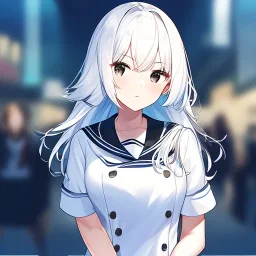 Clear focus,8k,Beatiful Lighting,Detailed, white short fluffy hair, long fluffy bangs, black eyes, wearing a black and white sailor uniform, short skirt