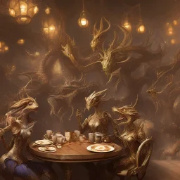 Mythical and legendary creatures sitting in a cafe drinking coffee with detailed details, full and clear painting elements, full HD painting resolution, 4K, 8K, 16K,