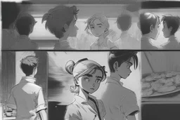 black and white story board, Cut back to the chefs, all of whom roll one sly look at the boy and the girl they switch to the establishment. The shot is through the boy and the girl in the foreground seeing only each other their bodies and between them (if the girl is on the left a the boy on the right and they go right in frame) in the middle we see gives from the cooks, and the third behind the girl (left of frame), scattered throughout the kitchen must have been thrown at them look.