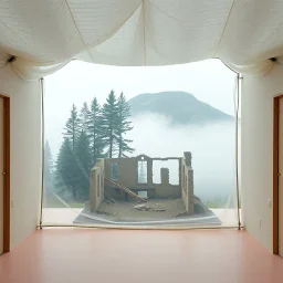 A Hasselblad H6D-400c photo of an odd room with structures. A transparent tarpaulin covers an image resembling a ruined building. There is a group of fir trees in the background and a high hill in the distance. The surface below is in a pastel color. Fog is present.