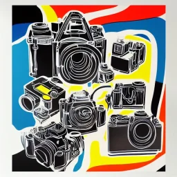 elements of photographic equipment. poster graphics. high detailed. acrylic painting and ink.