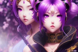 Detailed cute anime Kunoichi girl,big boobs,sexy ,purple hair buns, purple bangs, black latex suimsuit, intricate details, full body portrait, keep head in frame, slight smile, black Japanese motif, concept art, highly detailed, digital painting, concept art, sharp focus, illustration, art by Yoji Shinkawa, WLOP and greg rutkowski and alphonse mucha and artgerm and yanjun Chen and Junji ito and Makoto Shinkai, HDR, octane render