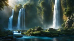 hamagedon. multiple waterfalls, a masterpiece, fantasy concept art, dynamic lighting, hyperdetailed, intricately detailed, deep color, Unreal Engine, volumetric lighting, Epic cinematic brilliant stunning intricate meticulously detailed dramatic atmospheric maximalist digital matte painting