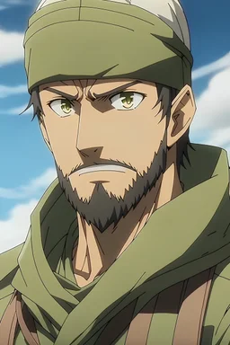 Anime side character in army with muscles , army suit, army cap , army robe ,short beard and middle Eastern skin aged 25