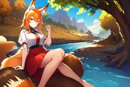 Girl, fox ears, one big fox tail, orange hair, red skirt, river, fox foot , sit on the shore,