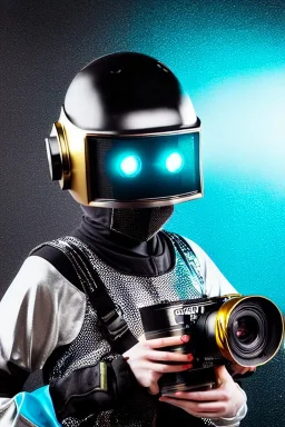 Metallic Cyber-punk style camera-mask. Helmet with camera. Large fencing mask covers cheeks. Trim girls. Reflective plastic body surface full-coverage. Head full of integrated old-fashioned cameras. Golden to cyan surfaces body. Perfect body, thick thighs and calves. Selfie, Selfies, old-fashioned cameras, mirror. Wide hip. Partly symmetrical. Camera lenses cover the most of the body. Euclidean 3D-tiling, Escher. Mathematically impossible camera-tiling. Soviet propaganda. 1990's