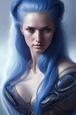 hiper realista, hiper detalhado, retrato de corpo inteiro, no estilo medieval, de uma mulher incrivelmente bonita com implantes biônicos, cabelos azuis, olhos brilhantes, arte de greg rutkowski, artgerm, wlop, rossdraws, boris vallejo