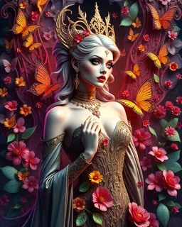 Masterpiece art amazing art picture in Luxurious 3d colorful fractals sharp colors,vibrant colors,neons colors standing pose sweet pose a vampire queen gothic hair silver, golden shiny adorned,in fractals 3d outside ,fractals colorfull, full of flowers,butterflies,leaves in 3d outside fractals background