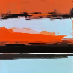 Melancholy Minimal abstract flat landscape painting. Rough brushstrokes and dripping paint. A single orange colour highlight with complimentary background colours. Use rule of thirds. Place the Horizon line at the top. Style of Justin Mortimer.Abstract empty landscape painting. Dripping paint. Rough. Minimal. Style of Justin Mortimer.