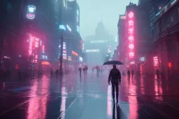 3D, beautiful, light reflecting, empty future city at night, rainy night, neon, cyberpunk, tron, one cyborg walking, 8k, finely detailed, photo realistic