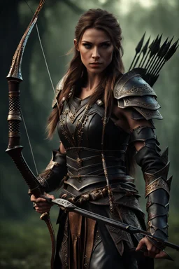 female warrior with a bow and arrow wearing leather half armour dark fantasy Realistic 4k