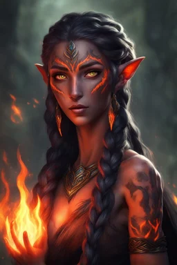 Fire Eladrin druid female. Hair is long and bright black part glows. Part of hair is braided and fire comes out from it. Big bright red eyes. Is generating fire with her hands and fire are coming our off them . Skin color is dark. Has a huge scar on face.