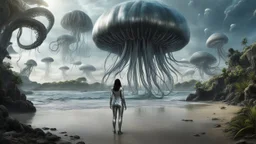 Detailed matte painting of a wide-angle shot of a woman, standing on the right side of an alien beach, with dark hair in a silver robotic catsuit, many large floating jellyfish with octopus tentacles, alien jungle trees in the distance