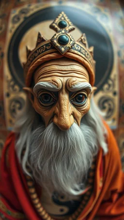 fish eye lense, master oil painting by Rembrandt, realistic rendering Portrait of the Apkallu sage who were sent by the god Ea to teach civilization to humanity before the flood. They were depicted as half-human and half-fish or bird, and were associated with wisdom, magic, and culture. blurred tile yin yang pattern background, brightened edges to give a sense of depth