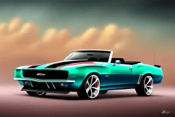 pen and color marker, true-to-life 1969 chevrolet camaro convertible pro street, two-tone paintjob, centered, intricate, extreme detailed, photorealism, center view, stylized random background, pivot on camaro, painting by cheryl kelley