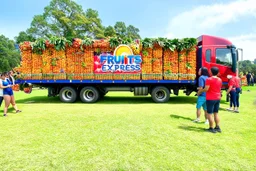 Captivating photo of a large truck full of variety of fresh fruits. The truck's exterior is adorned with an eye-catching "Fruits Express" logo. The fruits spill out of the truck, creating a large carpet of fruits on the grass, around them there are people from various backgrounds collecting the fruits with enthusiasm. The atmosphere is one of joy and happiness, with a clear summer sky.