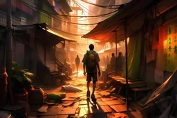 The next scene unfolded on the city streets, the rhythmic thud of each step echoing through the rubber soles. The shoes carried him effortlessly through the urban jungle, weaving through crowds and dodging traffic. His journey continued beyond the city limits, walking out from a tent to witness the vibrant hues of the sunset.
