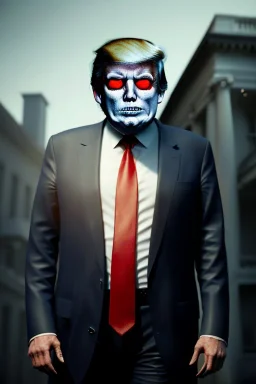 Ultra realistic image, Donald trump zombie, zombie performance, suit, skull, blood, torn arm, night, walking twisted, waist up view, thriller style, dark ambient, highly detailed, White House background, concept art, unreal engine 5, ray tracing, RTX, ultra detail, volumetric lighting, high definition, high resolution.