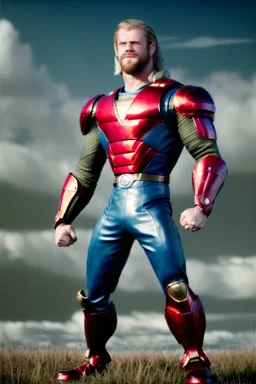 retro portrait image from 1960, sky background, wind, extra long blonde hair, fighting stance, young Chris Hemsworth, clean shave face, black dress, classic long tight lycra black suit, 2 steel disc in busty, big red cap, silver arms, gold bracelet and belt, high boots, soft color, highly detailed, classic comic Thor style, unreal engine 5, ray tracing, RTX, lumen lighting, ultra detail, volumetric lighting, 3d, finely drawn, high definition, high resolution.