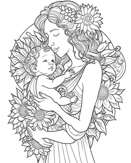 mother with his sun coloring page, full body (((((white background))))), only use an outline., real style, line art, white color, clean line art, white background, Sketch style