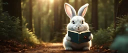 High-end hyperrealism epic cute fluffy rabbit hero holding a book, Steampunk-inspired cinematic photography, symmetry forest alley background, Aesthetic combination of metallic sage green and titanium blue, Vintage style with brown pure leather accents, Art Nouveau visuals with Octane Render 3D tech, Ultra-High-Definition (UHD) cinematic character rendering, Detailed close-ups capturing intricate beauty, Aim for hyper-detailed 8K