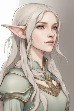 a young, female elf, with SHOULDER LENGTH, ash colored hair