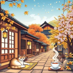 Create a book cover for "Cozy Japan Coloring Book" featuring a tranquil street scene in a traditional Japanese village during early autumn. Delicate maple leaves drift through the air, while warm lantern light glows from small wooden houses with sliding paper doors. A peaceful cat naps on a tatami mat by the door, and steam curls up from a teacup on a windowsill. Cherry blossom trees mingle with golden foliage in the background, and soft light spills over the rooftops. The scene is rich with tex