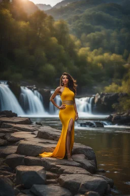 full shot body photo of the most beautiful artwork in the world featuring model, happy mood, High Detail, dramatic, photo realistic, ultra sharp, ultra hd, hyper realistic, ultra realistic, ((((dress)))), trending on artstation, sharp focus, studio photo, intricate details, highly detailed, standing in nice pose in country side with river ,water fall ,rocky valley,mountains at background, pretty clouds