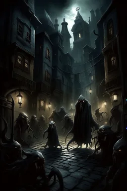 A captivating depiction in digital form, showcasing a plethora of ghost creatures thriving within a surreal and lively black hooded shadows realm. This imaginative artwork embodies the essence of supernatural fiction, presenting a medium shot composition with fantastical beings that are unique, belonging to a world beyond our own. A an old city of creatures out of this world enhanced by dark atmospheric lighting, Busch painting style nightmare. Thin line draw style