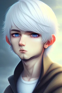 Shota, cute, portrait, white hair, blue eyes, shy