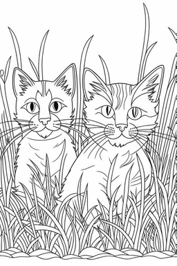 coloring page for kids, Cats in the grass, cartoon style, thick lines, low detail, no shading