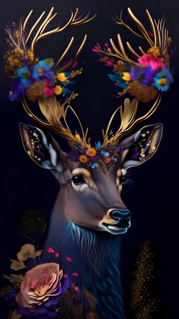 beautiful male deer with horns made from beautiful colorfully flowers and gold flower pattern on fur, dark fur bright flowers, front facing dark smooth colors