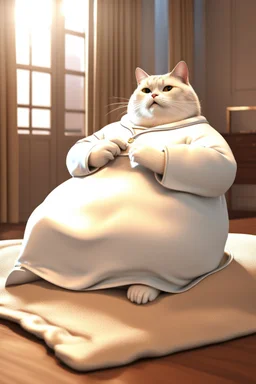 A fat cat spoiled cat in an expensive white thick night gown, looking rich,yawny,3d animation ,funny