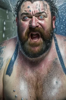 full figure shot photography of 43 years old wet sweat burly chubby very ugly italian plumber smiling under the shower , hands behind the head , manly chest , in white overalls, beard , wet, sweat, curly hairs, tattoo, big tights, photorealistic, Canon EOS, hyper-realistic, very detailed, drunk eyes, natural colours, sunlight, ambient occlusion, the light shines on wet skin