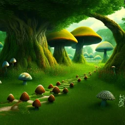 A great big mushroom forest with a stone path going through it, LOTR ,Hobbits, Van gogh Style, 8k