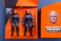 Mike Pence G.I. Joe toy Doll Space force uniform inside blister packaging hanging on a Wallrack in toystore, fluorescent orange, Cellophane, wide angle shot whole body, black boots, lasergun, fullsize